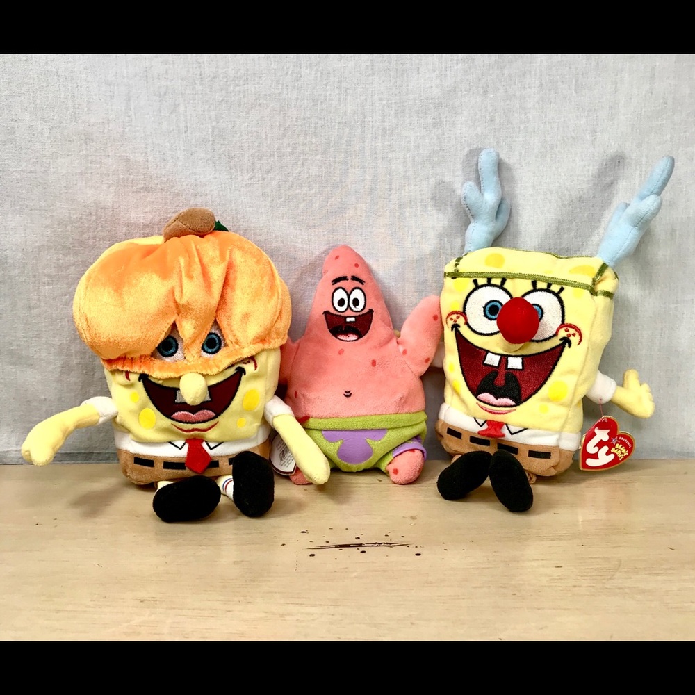 TY Beanie Babies Lot of 3 Plush SpongeBob Pumpkin Patrick SpongeBob Antlers